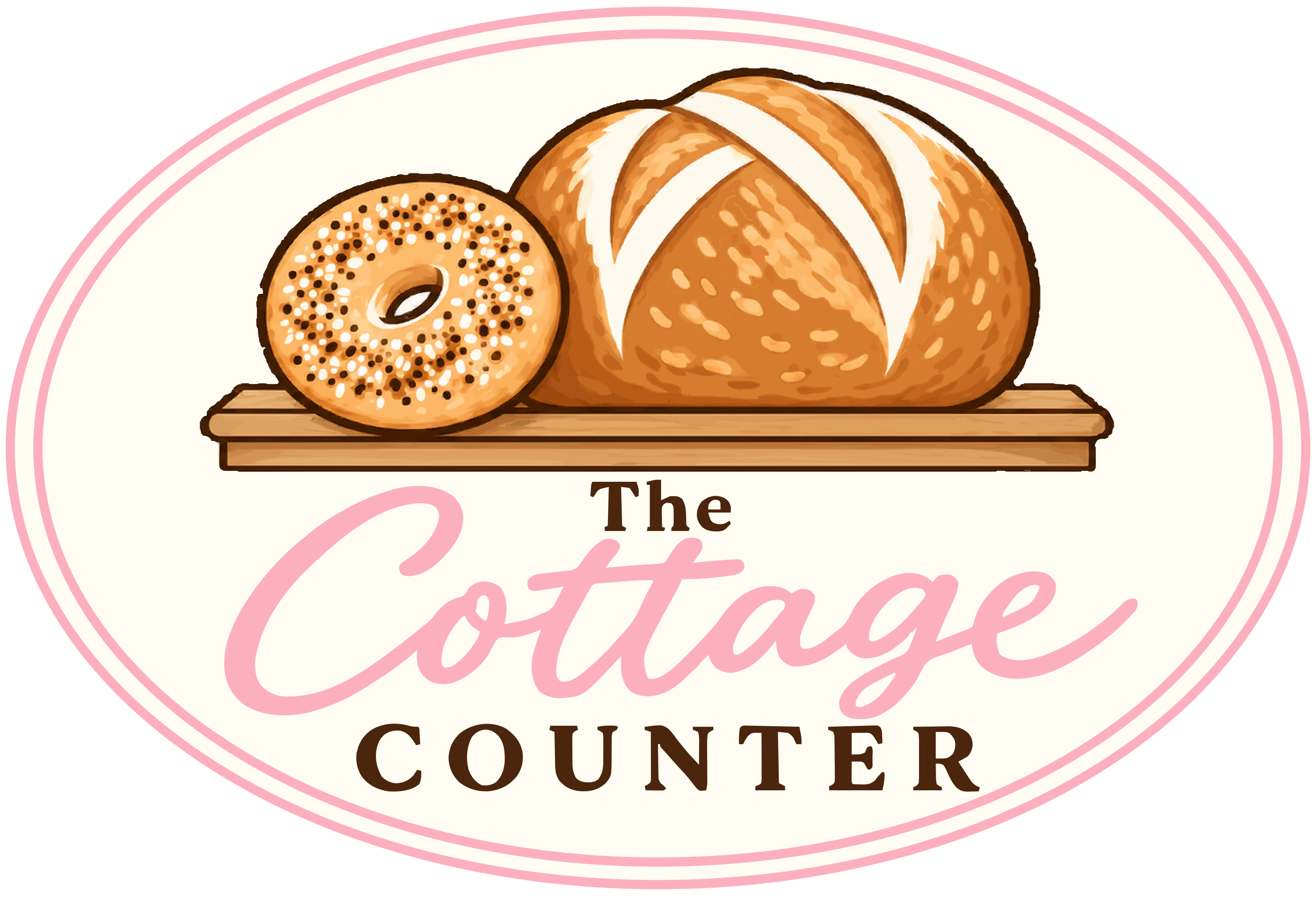 The Cottage Counter: a sourdough loaf and everything bagel on a cottage counter