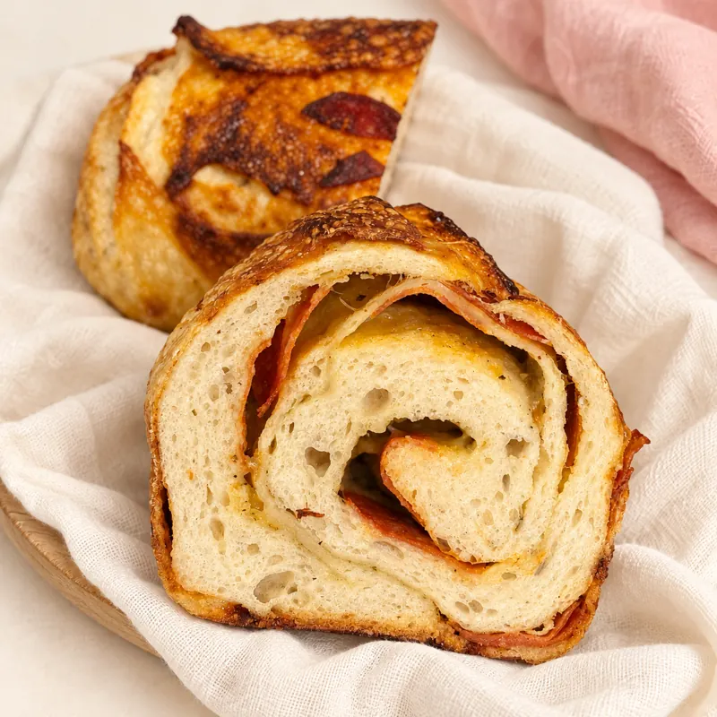 Pepperoni pizza sourdough loaf, cut to show the filling